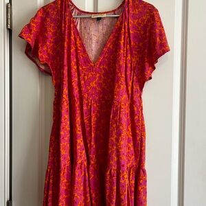Universal Thread Pink & Orange Floral V-Neck Midi Dress